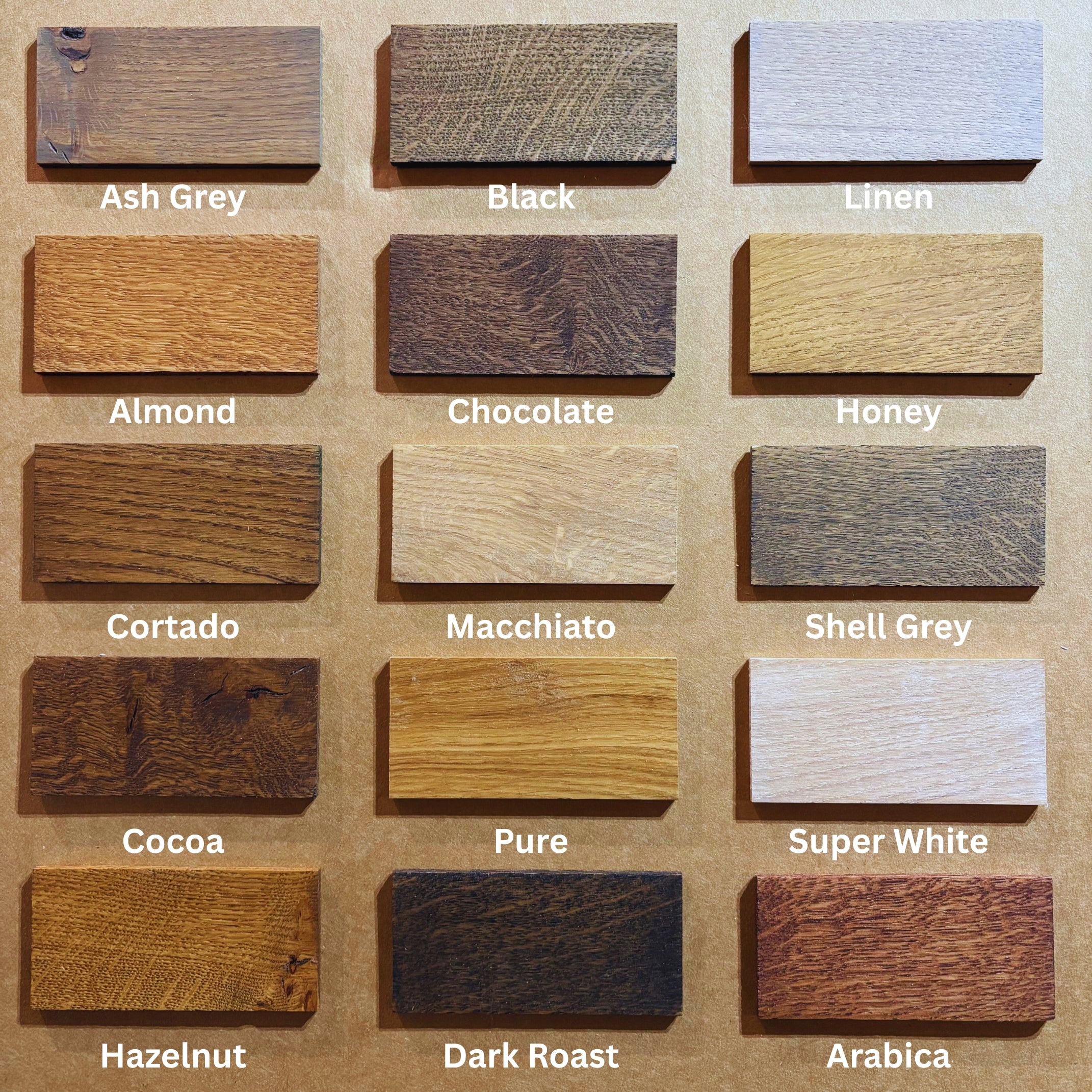 Wooden color swatches labeled with various wood finishes on a brown background