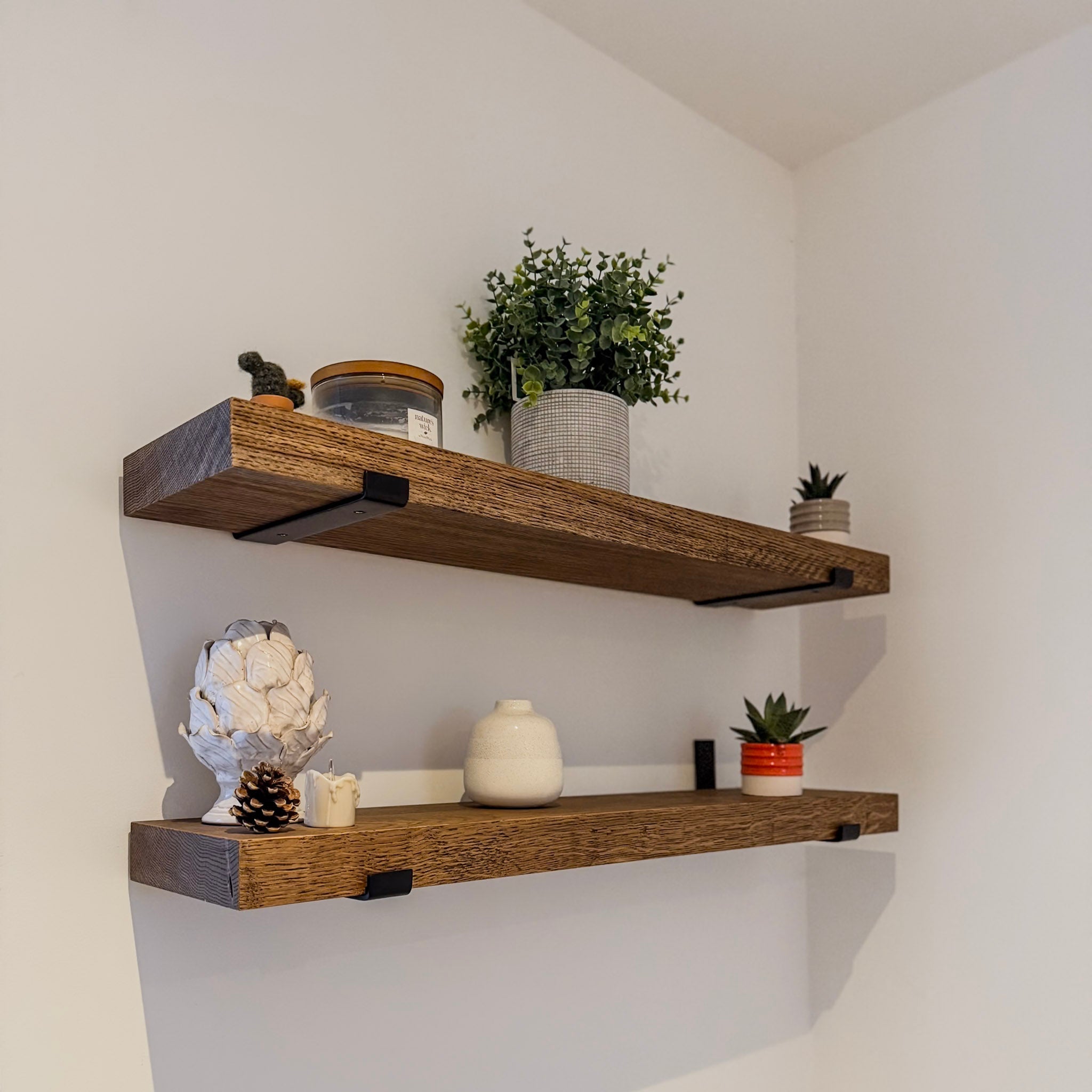 Solid European Oak Shelf 50mm with Metal Brackets - The Rustic Grove Co.